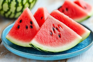 Ripe red sliced watermelon pieces on blue plates on wooden background. Concept of delicious vegan low calories summer sweet desserts. White wooden background. Close up macro