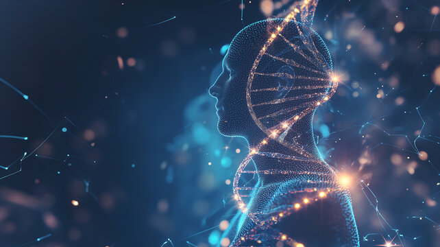 This digital representation showcases the fusion of DNA and human evolution in a cosmic setting.
