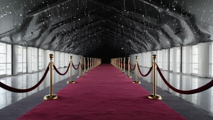 Video of luxurious red carpet leading through an elegant venue, for event promotions, award ceremonies, or backdrop for fashion events.