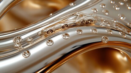 Naklejka premium Abstract car model on a metallic surface, surrounded by bubbles and liquid-like flows