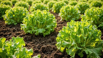Naklejka premium Freshly picked lettuce leaves on sunlit farm soil conveying purity and freshness