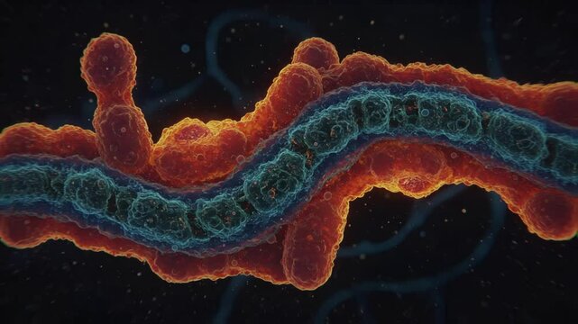 Microscopic view of intricate biological structures like cells or proteins in orange and blue, illustrating cellular biology, medical research development and scientific visualization concepts