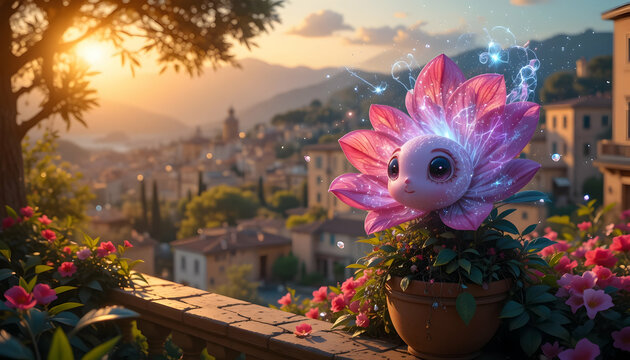 Cute Animated Flower in Pot Overlooking Italian Town at Sunset