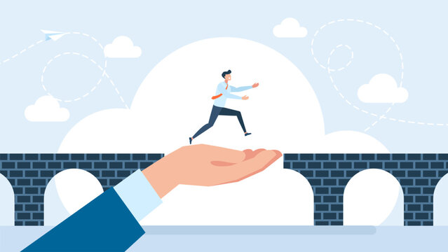 Solve business problem. Connect the bridge to help and support man to success, solution or assistance concept, hand help connect missing piece as the bridge for man to cross gap. Vector illustration