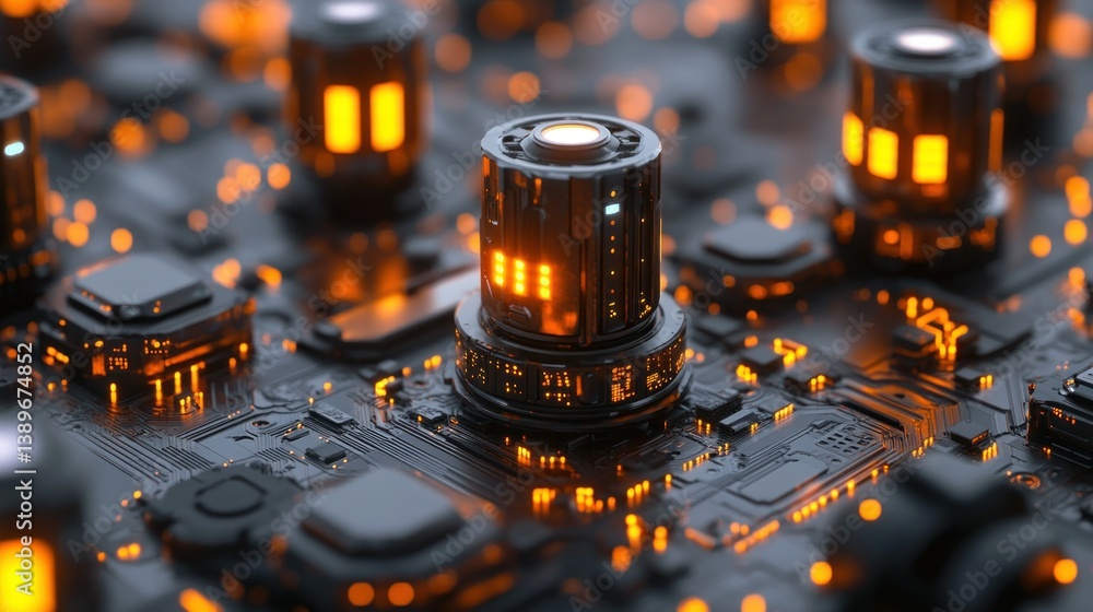 Poster abstract circuit board with glowing components. detailed close-up view of intricate technology. inte