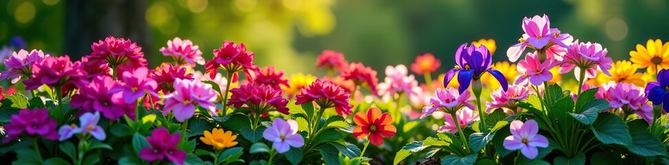 Fototapeta premium Colorful spring flower bed with bright blossoming phlox subulata, heuchera leaves, ajuga, viola, and iris flowers, viola, iris