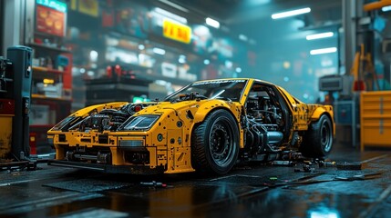 A yellow, modified car in a futuristic workshop.  Visible engine and exposed mechanics