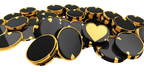 3D Illustration Of Black And Gold Casino Chips With Hearts For Poker Game