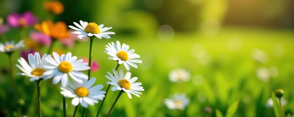 Daisy flowers blooming in a vibrant backyard garden during summer Marguerite plant in full bloom on a lush green field in the countryside,  green,  garden