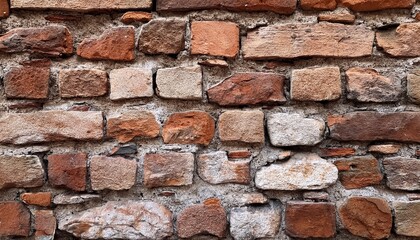 Fototapeta premium Old brick wall with chipping natural stone cladding. Vintage brickwork texture. Grunge background with space for design. Rough dirty distressed surface. Broken facade of the building. Wide banner.