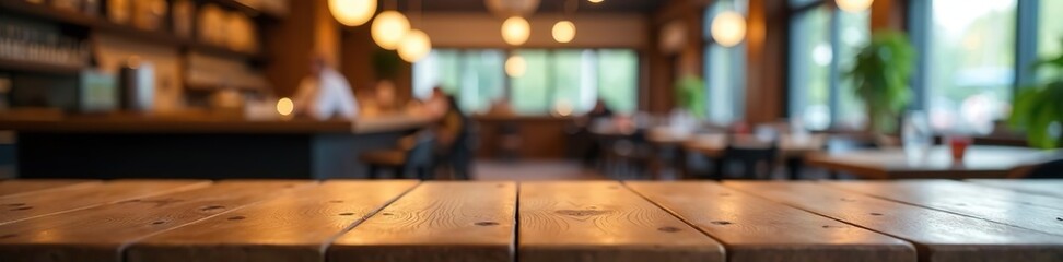 Empty wooden table top with vibrant blur background of bustling restaurant,  vibrant,  interior