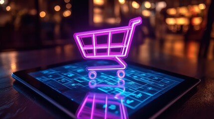 Futuristic Digital E-Commerce Shopping Cart Glows on Tablet Display