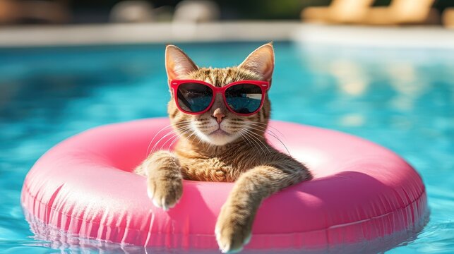 Cool cat floating in the pool wearing sunglasses enjoying summer vacation