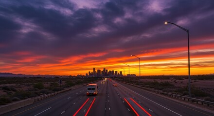 Fototapeta premium Highway leading to city skyline at sunset with colorful sky and car light trails visible below them