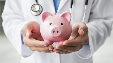 A doctor holding a pink piggy bank in hands, wearing white lab coat and stethoscope. 2