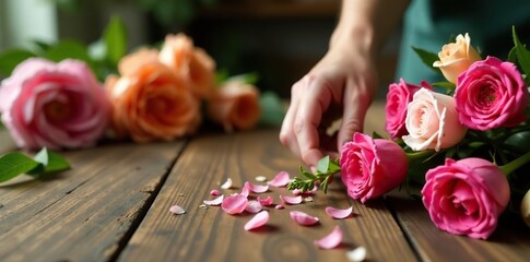 Florist arranging flowers on wooden surface, selective focus, florist,  making