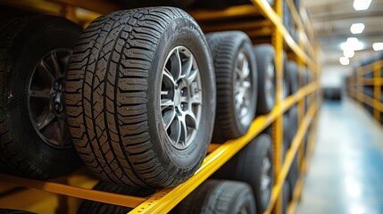 Fototapeta premium Stacked automotive tires on a yellow storage rack in a warehouse facility