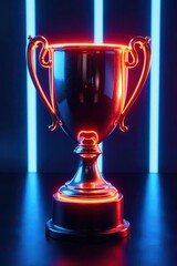 Futuristic champion trophy glowing on blue neon background,  victory,  recognition