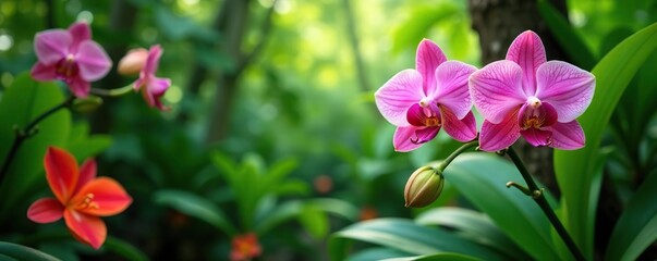 Exotic orchid blooms in a lush green garden environment surrounded by tropical plants and vibrant flowers, creating a tropical paradise, exotic,  flowers