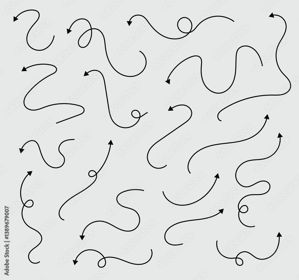 Poster set of simple lines hand drawn black arrows in various style. vector element