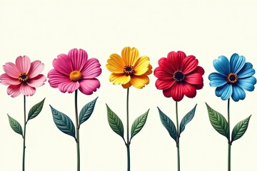 Obraz premium Continuous line art style of seven colorful flowers in a row, design, simple