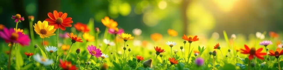 Fototapeta premium Sunshine dappled meadow with vibrant wildflowers, plants, idyllic