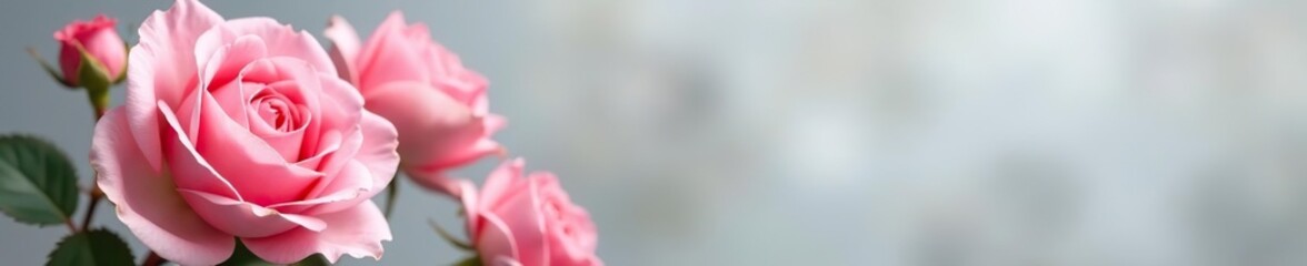 Elegant pink roses with delicate accents on soft gray background in spring bloom, roses,  elegant
