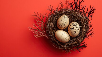 Obraz premium Close-up of eggs in natural texture nest placed on coral background