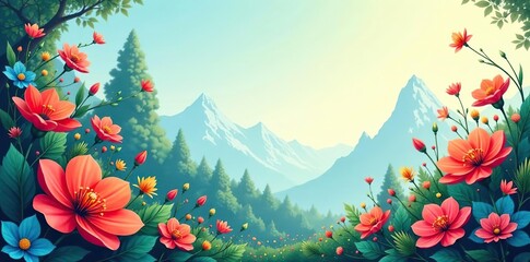 Fantastical and whimsical illustration of colorful plants and flowers on a banner,  plants,  nature