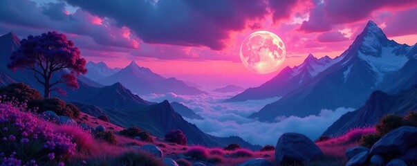 Fantastically beautiful unreal landscapes with neon glow created by Generative AI,  dreamlike,  otherworldly