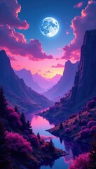 Fantastically beautiful unreal landscapes with neon glow created by generative AI,  surreal,  futuristic