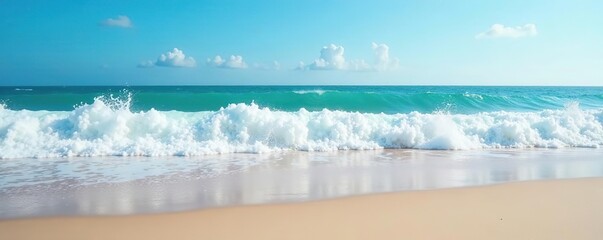 Foamy waves rolling up on a sandy beach with a clear blue sky in the background,  scenic,  aqua