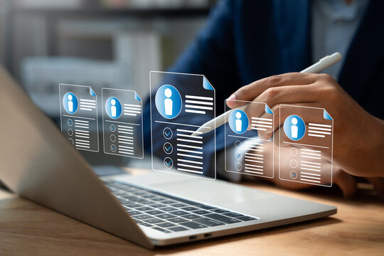 Human resource management technology (HR), Human resource manager touching human resource network structure and checks the CV online to choose the perfect employee for company, Effective recruitment.
