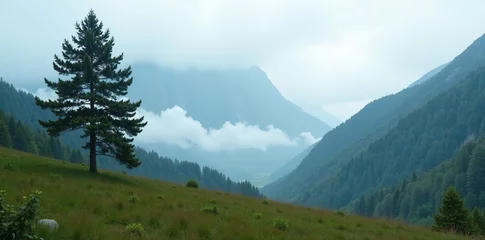 Fototapete Foggy summer landscape in Chimbylak with majestic fir tree and mist-covered mountains,  nature,  landscapes © tara