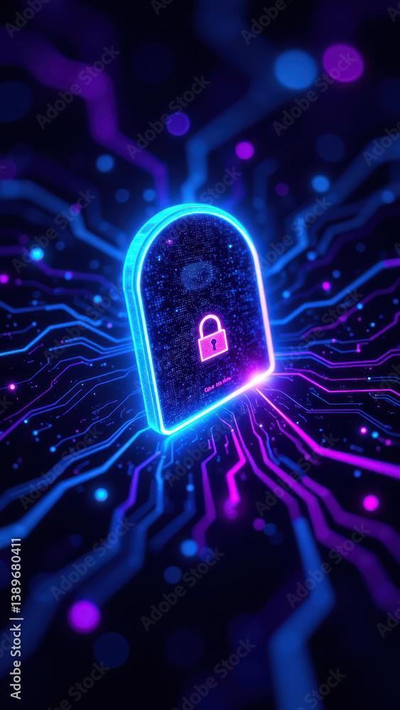 Poster a vibrant digital illustration featuring a glowing lock symbol as a focal point amidst an abstract r