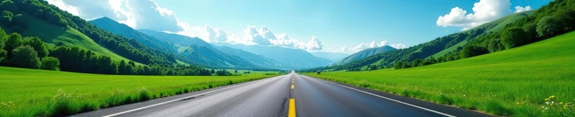 Fototapeta premium Empty asphalt road cutting through lush green mountains under clear blue sky with fluffy white clouds, nature, countryside