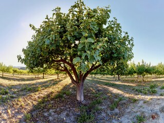 Full-body walnut tree in a summer orchard, green canopy under soft daylight, wide-angle view, clear sky background
