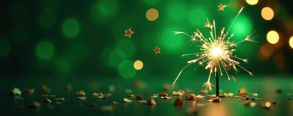 Festive New Year party background with glowing green sparkler, confetti, and bokeh lights,  confetti,  celebration