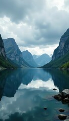 Obraz premium Dramatic clouds over rugged mountains reflecting in a serene Norwegian fjord, wilderness, travel