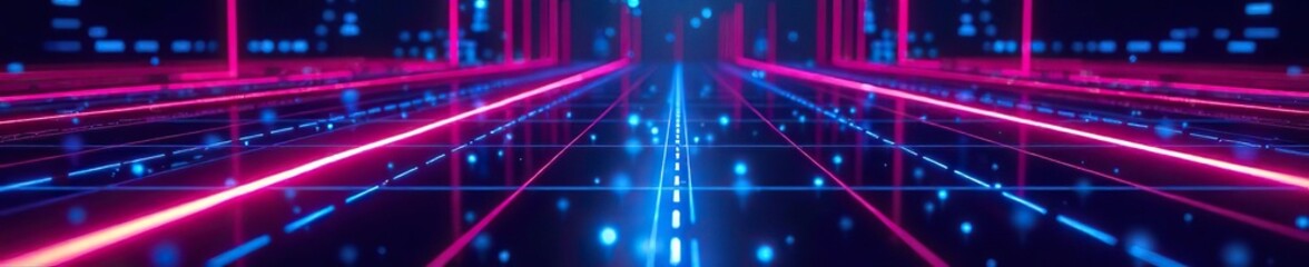Futuristic neon grid background with glowing lines and geometric shapes,  futuristic,  digital