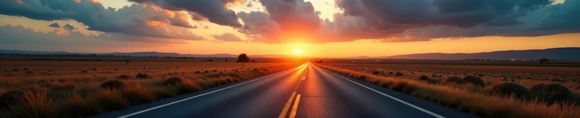 Empty asphalt road winding through rural landscape at sunset with dramatic clouds in the sky,  tranquil,  scenic