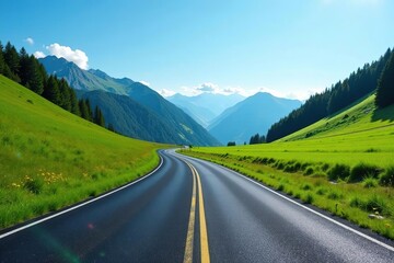 Fototapeta premium Empty asphalt road winding through lush green mountains under a clear blue sky, green mountains, serene nature