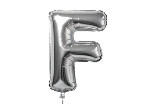 F  capital alphabet chrome silver shine balloon with Transparent background