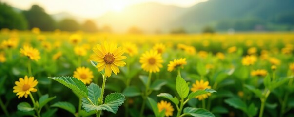 Obraz premium Field of potato plants with bright yellow flowers blooming under the sun, growth, crop