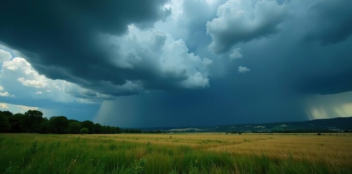 Dramatic storm clouds roll in over a rural field landscape with trees and hills in the distance under dark sky,  field,  sky