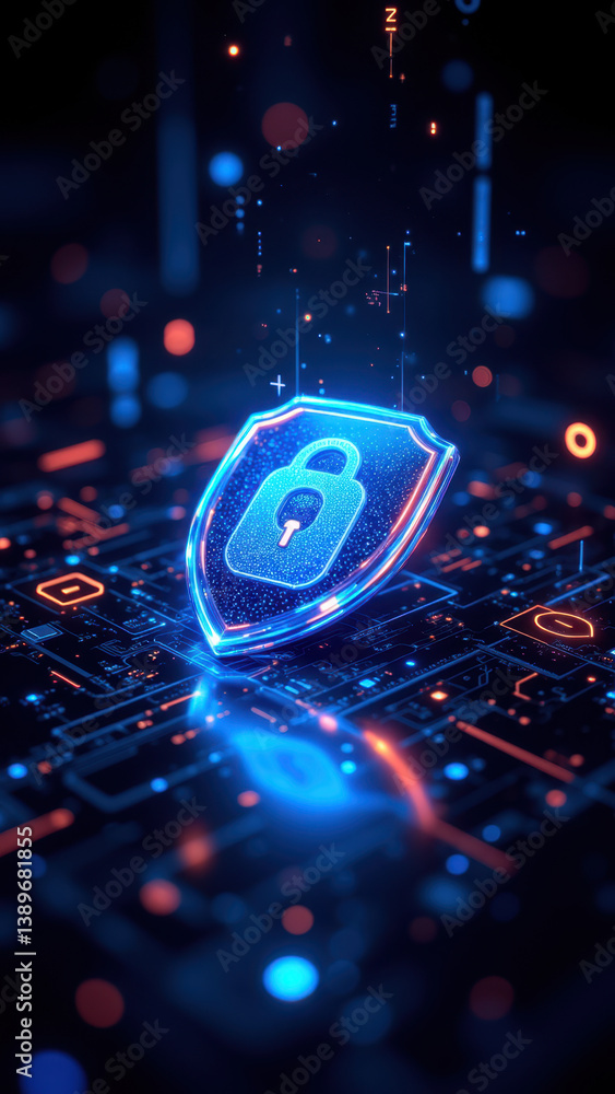 Poster an illustration representing cybersecurity with a shield icon on a digital network background.