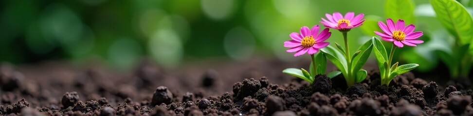 Dark, rich garden soil enveloping freshly planted aster flowers, earthy, plants, flowers,  landscape,  flowers