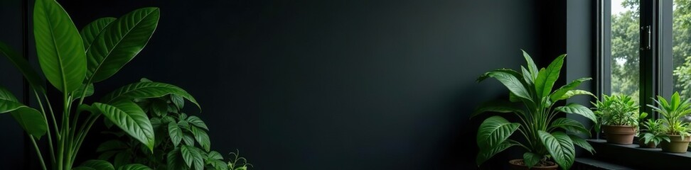 Dark room with various lush plants placed strategically in front of a sleek black background wall mockup,  plants,  wall mockup