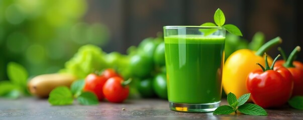 Fototapeta premium Fresh green juice in a glass with a blurred background of assorted fruits and vegetables, fruits, wellness