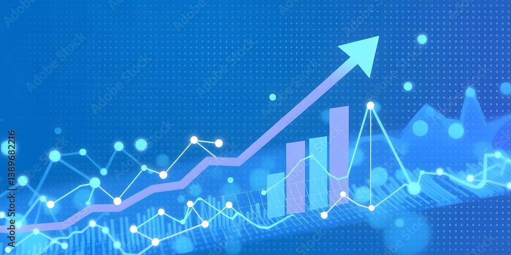 Poster data analytics growth. upward trends show performance. digital visualization represents network conn